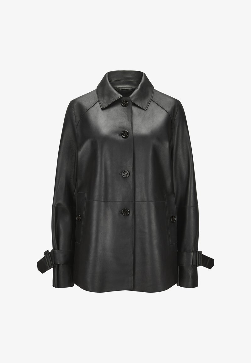 Schwarze Lederjacke mit Kragen, fünf Knöpfen auf der Vorderseite und seitlichen Taschen. Enthält verstellbare Manschetten mit Bindebändern.