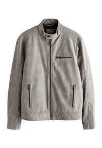 Veste homme gris clair avec fermeture éclair à l'avant, col montant avec bouton pression, épaules matelassées et trois poches zippées.
