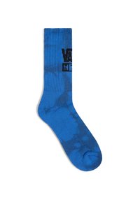 Blå crew sok med en tie-dye mønster, ribbet tekstur og et sort Vans-logo trykt på siden. Lavet af et blødt, strækbart materiale.