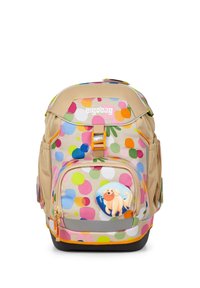 Rucksack mit beigem Grund, der mit bunten Punkten verziert ist. Enthält eine Fronttasche mit einem runden Patch und einem mehrfarbigen Reißverschluss.