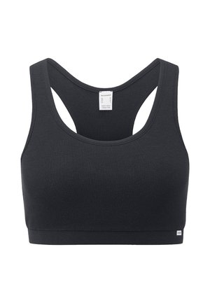 Zwarte geribbelde racerback sportbeha met brede bandjes, een ronde halslijn en een klein merkembleem aan de onderkant links.