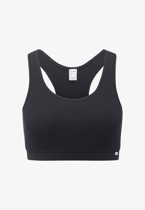 Zwarte geribbelde racerback sportbeha met brede bandjes, een ronde halslijn en een klein merkembleem aan de onderkant links.