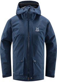 Veste imperméable bleu marine avec capuche, fermeture éclair frontale, deux poches à boutons-pression, poignets ajustables et logo Haglöfs sur la poitrine.