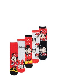 Cinque paia di calze con personaggi Disney. I colori includono rosso, nero, grigio e fantasie con pois e disegni dei personaggi.