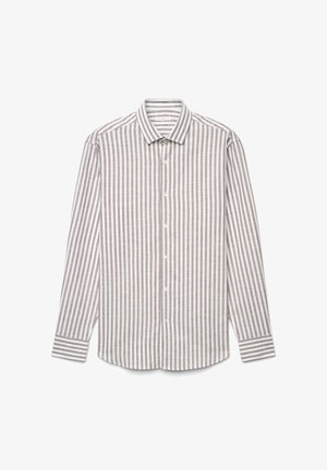 Langärmeliges, knöpfbares Hemd mit vertikalen beige-weißen Streifen, spitzem Kragen und gestreiften Manschetten, flach auf weißem Hintergrund ausgelegt.