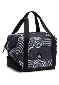 Bolso de tote de patrón en blanco y negro con cierre de cremallera, dos asas robustas, forma rectangular y fondo reforzado para mayor durabilidad.