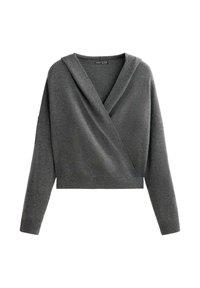 Pulover gri scurt cu un design în V, mâneci lungi și o textură moale. Coaserea este îngrijită și are o croială lejeră.