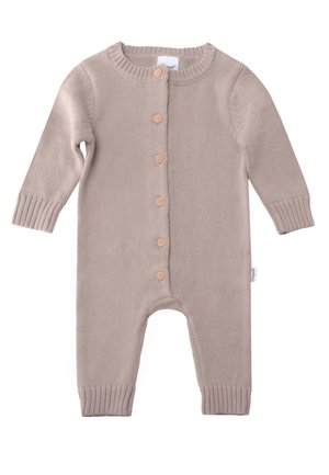 Beige knitted baby romper with long sleeves, ribbed cuffs and neckline, and five wooden buttons down the front.