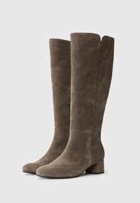 Bottes en suede marron jusqu'au genou avec une silhouette effilée et un talon carré. Texture lisse et design simple, sans accessoires ni ornements visibles.