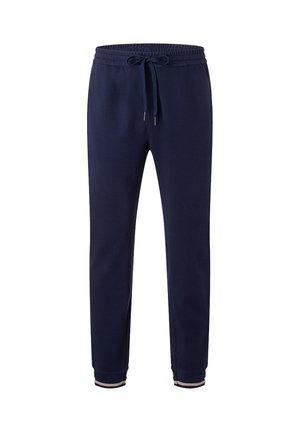 Marineblaue Sweatpants aus weichem Stoff, mit einem Kordelzugbund und gerippten Bündchen mit kontrastierenden Streifenakzenten am Saum.