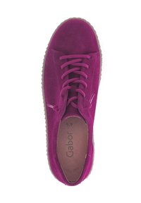 Fuchsia suede sneaker with rounded toe, flat laces, and rubber sole. Interior shows brand name "Gabor" printed on tan insole.