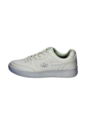 White low-top sneaker with lace-up closure, perforated toe, textured sole, and a geometric logo on the side, shown from the outer side.
