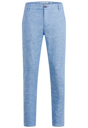 Hellblaue gerade geschnittene Hose mit Knopf- und Reißverschluss, Gürtelschlaufen und feiner Stoffstruktur.