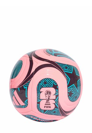 Pink soccer ball with black and teal geometric patterns, featuring the FIFA logo and "20" on a white section, made of textured synthetic material.