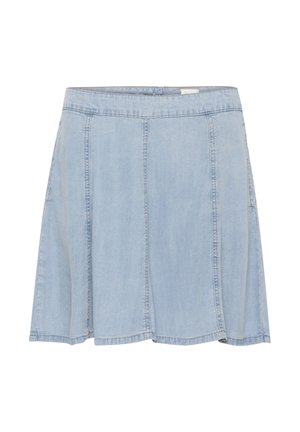 Svetlo modra denim krila z razširjenim krojem, ki ima vertikalne šive in elastičen pas za udobje.
