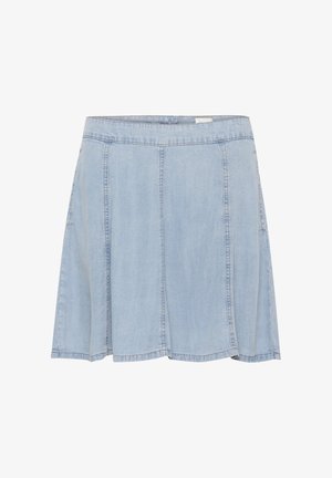 Šviesiai mėlynas džinsinis sijonas su platėjančiu dizainu, turintis vertikalių siūlių detalių ir elastinę juostą patogumui.