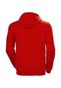Sudadera roja con capucha ajustable y bolsillo canguro en el frente, puños y dobladillo acanalados. Textura suave, diseño liso y sin adornos.