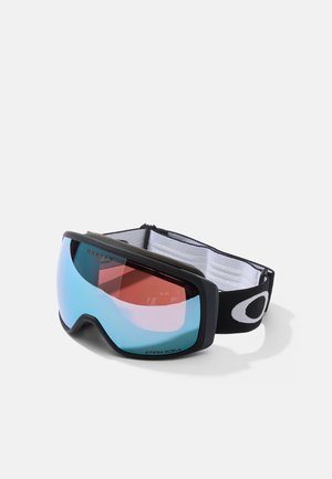 Skidglasögon med reflekterande blå och röda linser, svart ram och svart elastisk rem med en vit Oakley-logotyp.