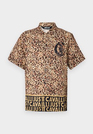 Short-sleeve shirt featuring a leopard print pattern, black logo on the chest, and a contrasting waistband with repeated text in gold.
