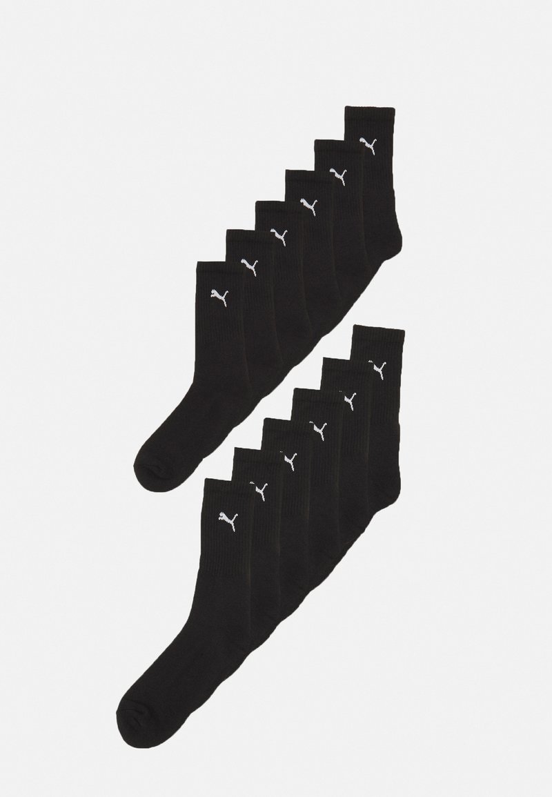 Chaussettes en coton noires, présentant une texture côtelée et un logo blanc, regroupées en un ensemble de dix. Chaque chaussette possède un embout et un talon renforcés.