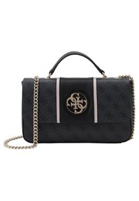 Černá syntetická kabelka s texturovaným povrchem, zlatým logem, řetízkovým poutkem a kontrastními světle šedými proužky na přední straně.