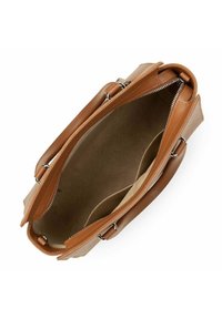 Borsa a mano in pelle marrone con accessori in argento. Presenta una chiusura con zip, doppi manici e un ampio interno con diverse tasche.