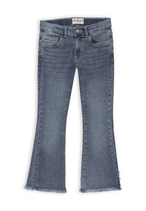 Jeans in denim a palazzo con lavaggio medio e orlo sfilacciato. Presenta due tasche anteriori e una chiusura con zip. Etichetta visibile alla vita.