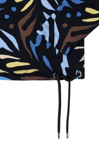 Tissu noir présentant un motif abstrait coloré en jaune, bleu, marron et beige. Comprend un cordon avec des accents métalliques.