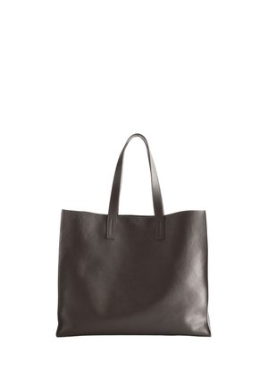 Donkerbruine leren draagtas met twee schouderbanden, een gladde textuur en een eenvoudige, rechthoekige vorm.