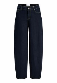 Tmavě modré džíny z denimu s širokým střihem, předními knoflíky, dvěma bočními kapsami a kontrastním prošitím podél švů.