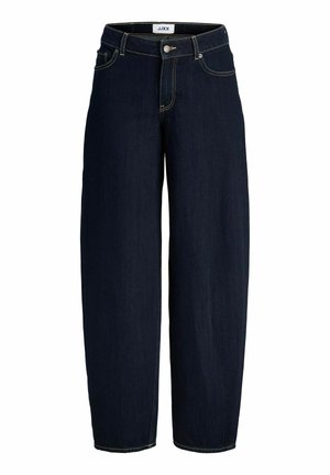 Tmavě modré džíny z denimu s širokým střihem, předními knoflíky, dvěma bočními kapsami a kontrastním prošitím podél švů.