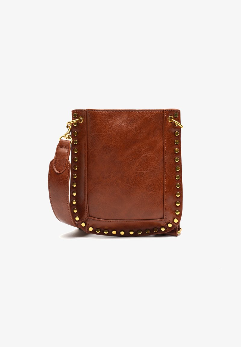 Borsa a tracolla in pelle marrone dalla forma rettangolare, con dettagli in metallo dorato lungo i bordi e una tracolla rimovibile per offrire versatilità.