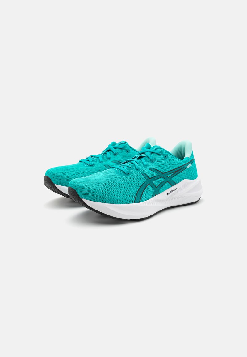 Lekkie buty biegowe z turkusową siateczką na cholewce, białą podeszwą środkową i czarną podeszwą z gumy. Posiadają cienkie czarne paski i zapięcie na sznurowadła.