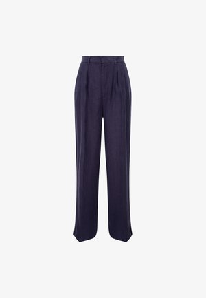 Navy wide-leg trousers made from linen, featuring a high waist, double pleats, and a smooth texture with a clean, tailored finish.