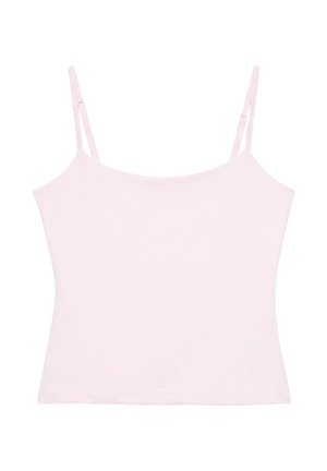 Haut camisole rose clair sans manches avec fines bretelles réglables sur fond blanc.