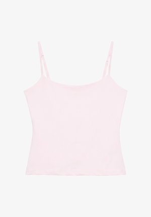 Haut camisole rose clair sans manches avec fines bretelles réglables sur fond blanc.