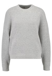 Maglione grigio chiaro con scollo rotondo, maniche lunghe, orlo a costine e una finitura in tessuto testurizzato. Design semplice, senza fantasie.