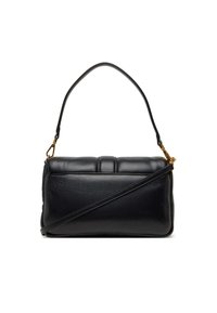 Borsa a mano in pelle nera con una superficie liscia, forma rettangolare e dettagli imbottiti. Presenta un manico singolo e una tracolla rimovibile.