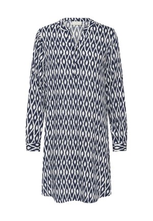 Hosszú ujjú tengerészkék és fehér rombuszmintás tunika háromgombos begombolással és mandarin gallérral.