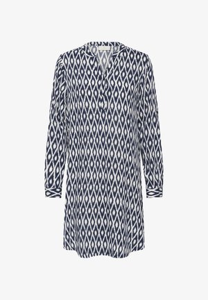 Tunika s dlhým rukávom v námorníckej modrej a bielej farbe s diamantovým vzorom, trojguľovým zapínaním a mandarínskym golierom.