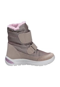 Bottines brunes et roses avec une tige en synthétique, doublure en fourrure, fermetures à bande Velcro, et une semelle en caoutchouc texturée avec une touche de rose.