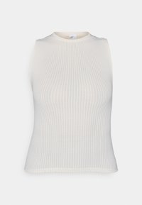 Top bianco a costine senza maniche con scollatura rotonda. Presenta un design attillato e una texture liscia. Nessun motivo o dettaglio aggiuntivo visibile.