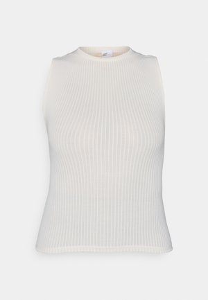 Balta banguota be rankovių palaidinė su apvalia iškirpte. Išryškintas dizainas ir lygi tekstūra. Papildomų raštų ar akcentų nematyti.