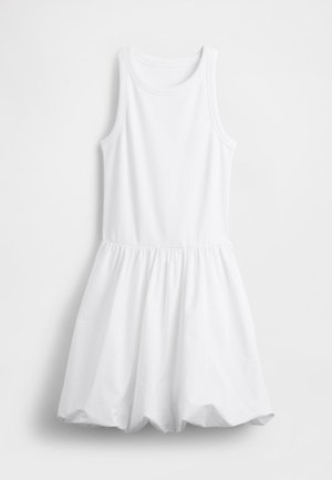 Vestido branco de alças com parte superior ajustada e saia franzida e fluida. Feito de algodão macio, com textura canelada.