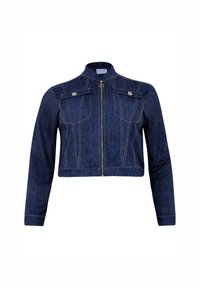 Donkerblauwe denim cropped jack met een staande kraag, rits aan de voorkant, twee borstzakken en contrasterende stikdetails.