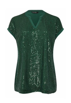 Groene top met korte mouwen van sequins met een V-hals en effen groene afwerking, met een gestructureerd oppervlak van glinsterende sequins die verticaal zijn gerangschikt.