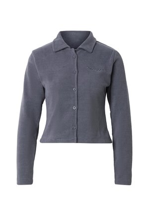 Maglietta corta a maniche lunghe in grigio scuro con bordi a coste, colletto e chiusura frontale con bottoni, con logo del marchio ricamato in modo discreto sul petto a sinistra.