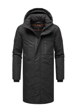 Black parka with a hood, zip closure, and multiple pockets. Features a smooth texture, insulated design, and a slightly tapered silhouette.
