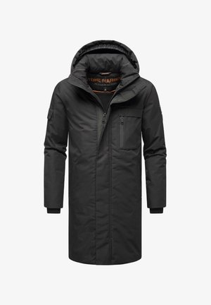 Sort parka med hætte, lynlåslukning og flere lommer. Har en glat tekstur, isoleret design og en let indsnævret silhuet.