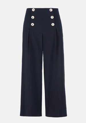 Marineblaue Hosen mit weitem Bein, hoher Taille und zwei vertikalen Reihen mit jeweils drei weißen Knöpfen auf der Vorderseite.